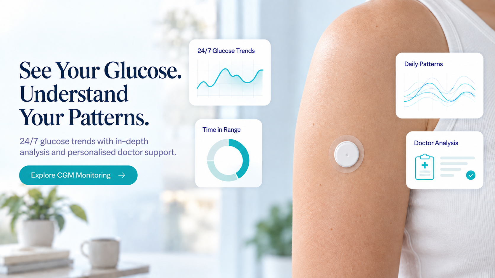 Continuous glucose monitor worn on the upper arm with glucose trend and analysis graphics