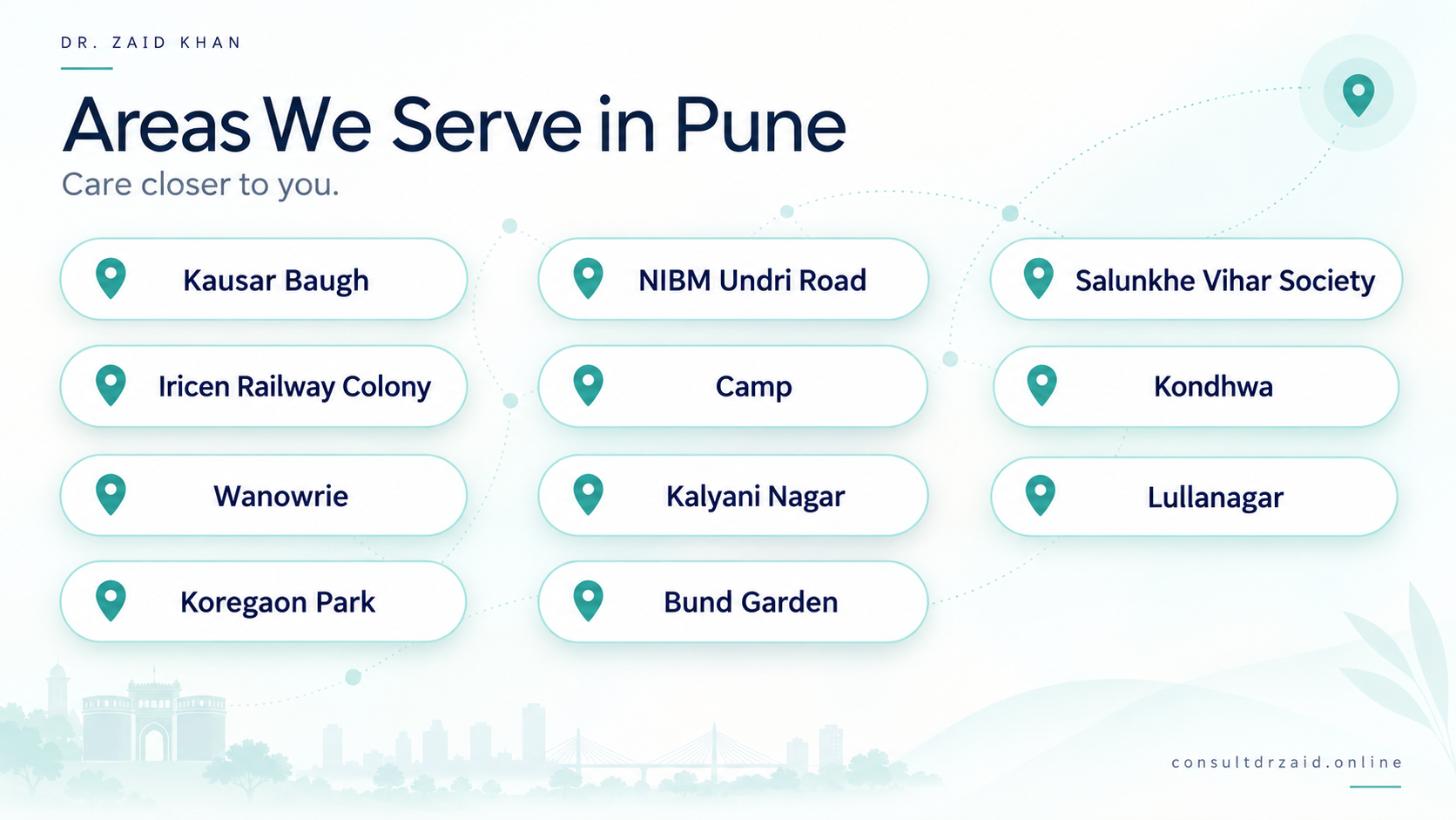 Map-style graphic of the Pune areas served by Dr. Zaid Khan's home visits